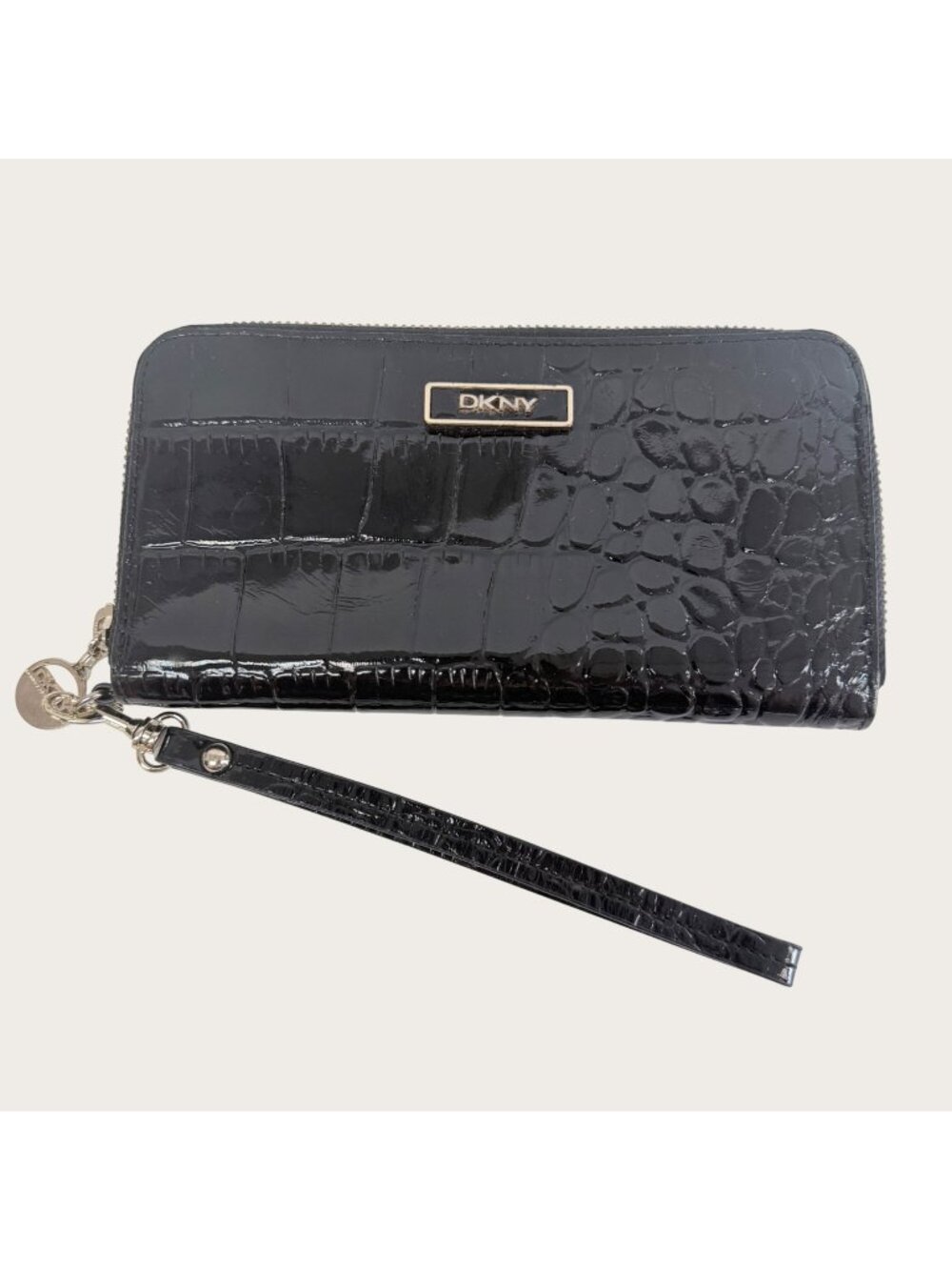 DKNY Black Croc Embossed Faux Leather Zip-Around Wallet With Wristlet Strap